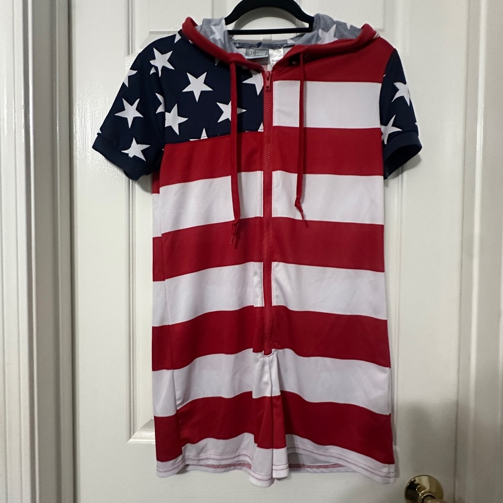 Red white and blue jumpsuit with hood
